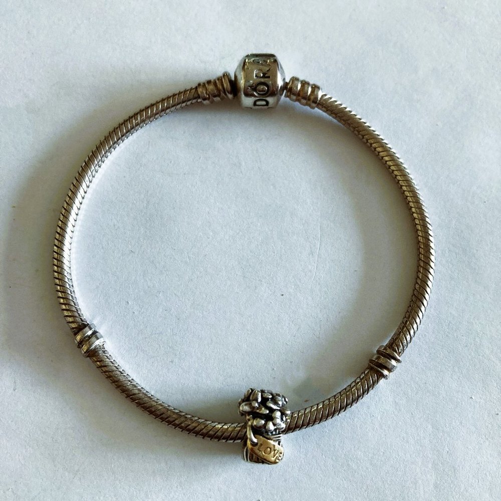 Pandora Barrel Clasp Snake Chain Bracelet w/ Flower Bouquet LOVE Charm